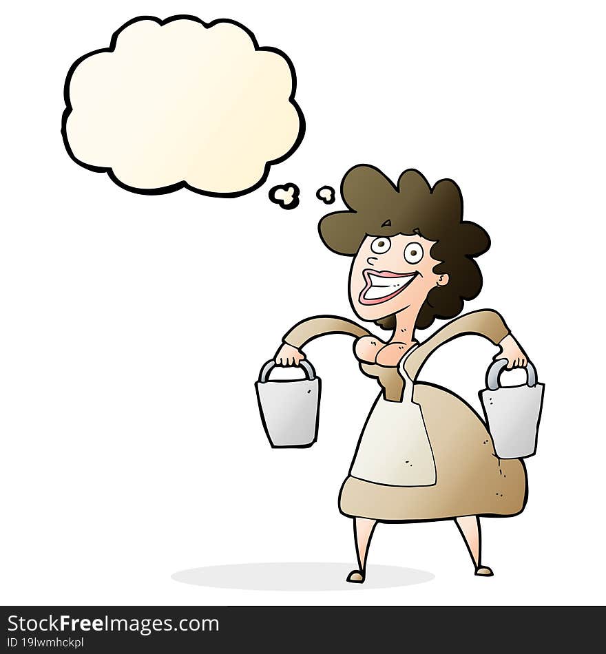 cartoon milkmaid carrying buckets with thought bubble