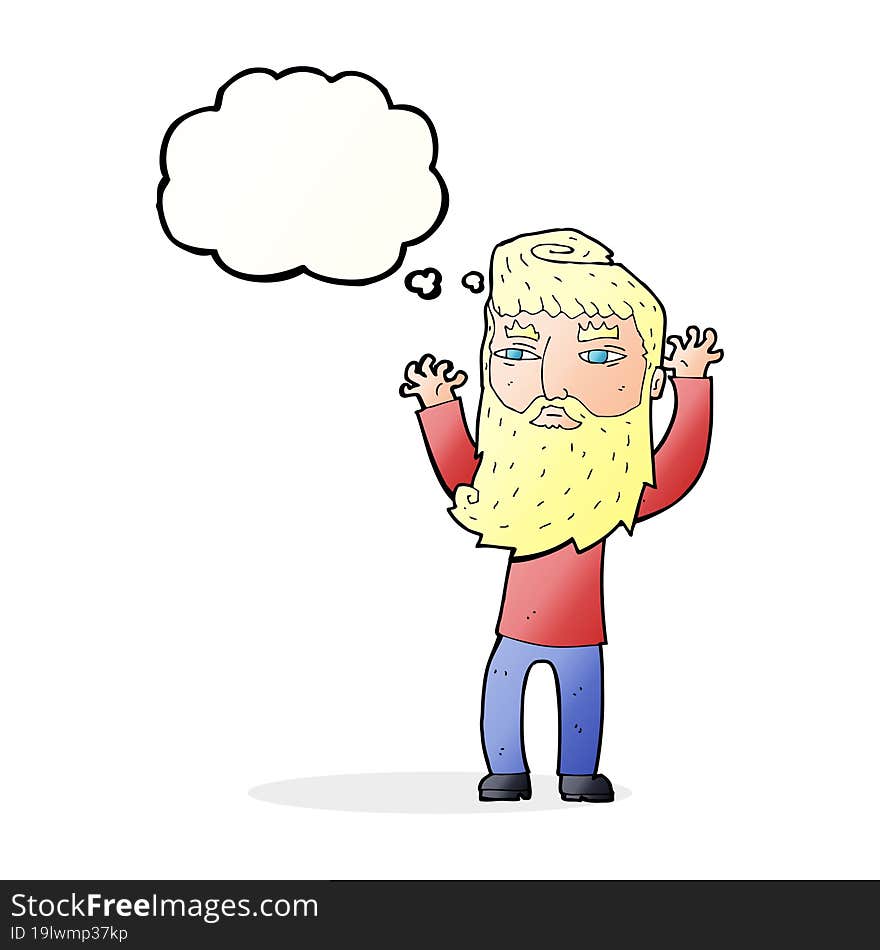 cartoon bearded man waving arms with thought bubble