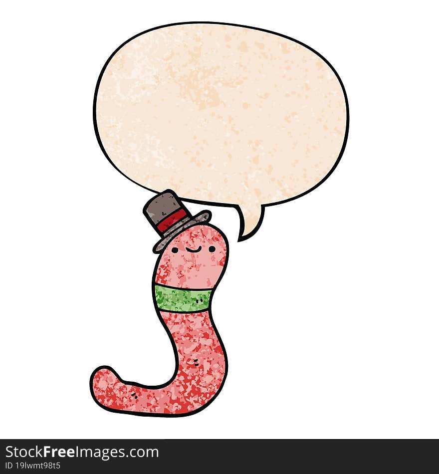 cute cartoon worm and speech bubble in retro texture style