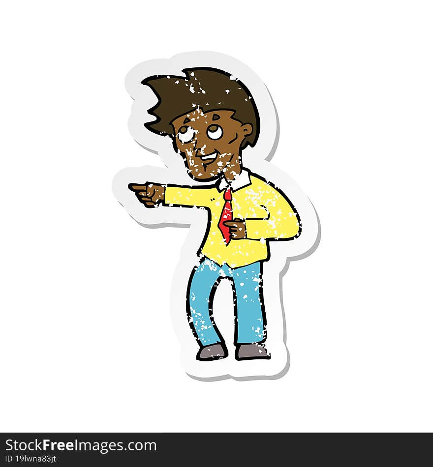 retro distressed sticker of a cartoon funny office man pointing