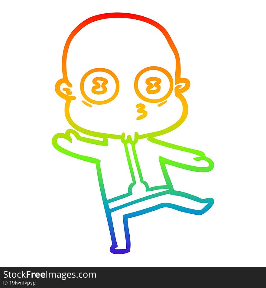 rainbow gradient line drawing of a cartoon weird bald spaceman dancing