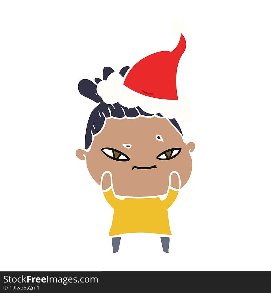 hand drawn flat color illustration of a woman wearing santa hat