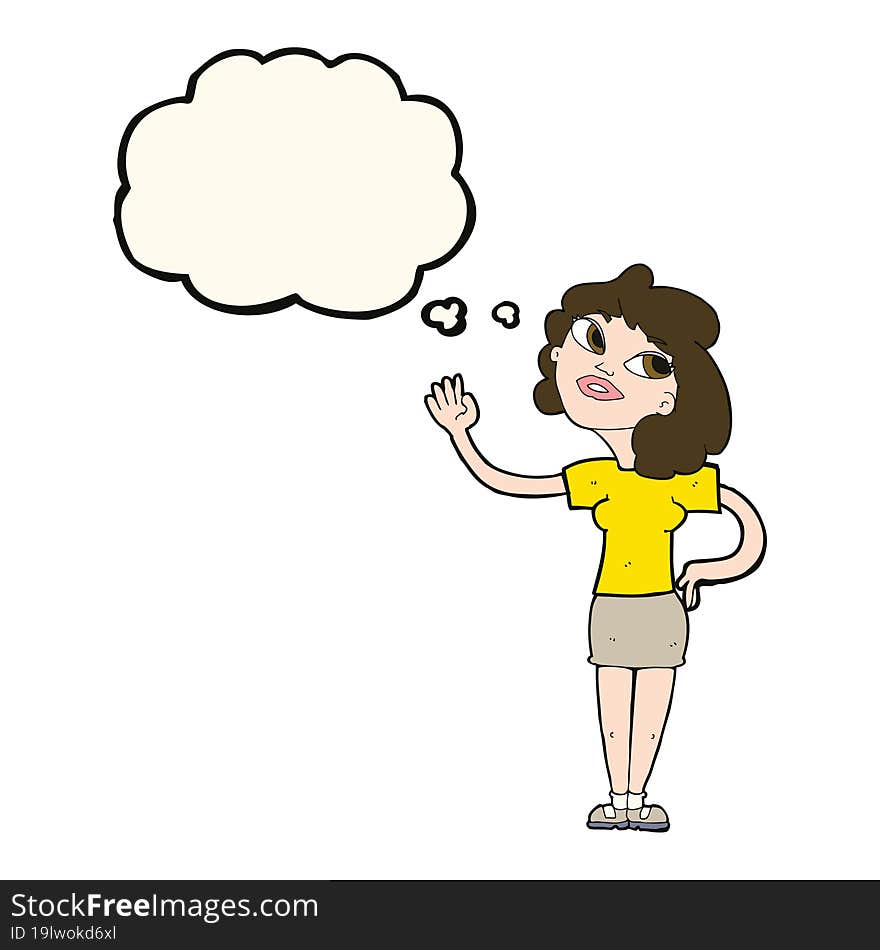 cartoon woman waving  with thought bubble