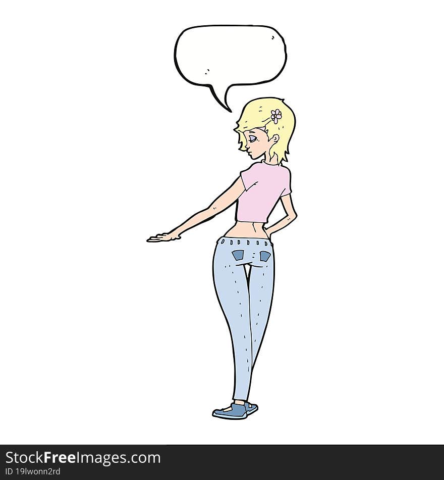 cartoon pretty girl in jeans and tee with speech bubble