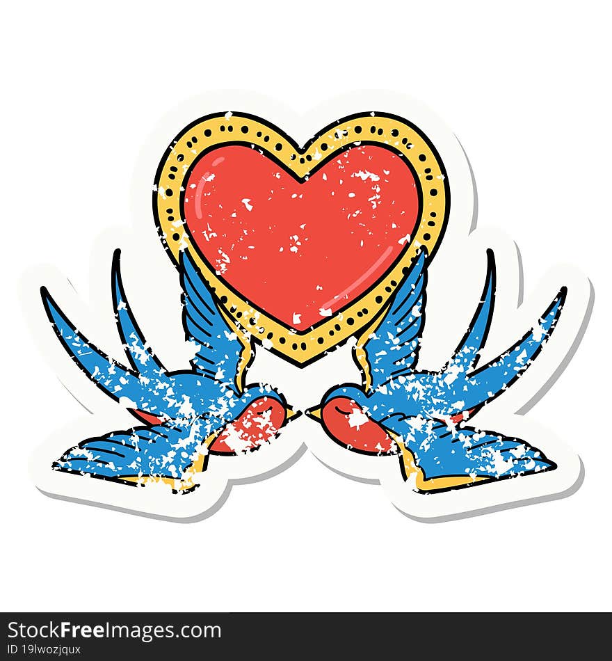 traditional distressed sticker tattoo of a swallows and a heart