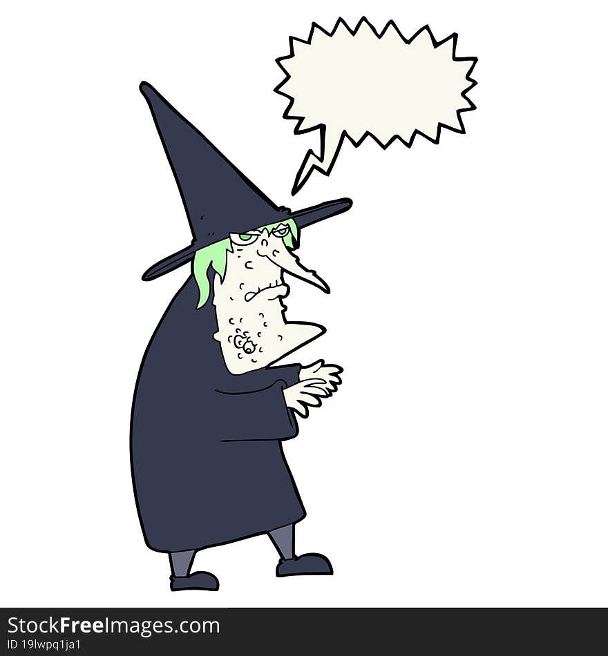 Cartoon Ugly Old Witch With Speech Bubble