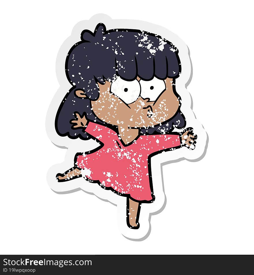 distressed sticker of a cartoon whistling girl