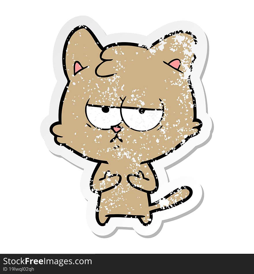 distressed sticker of a bored cartoon cat