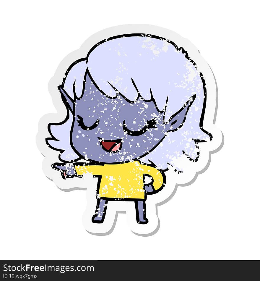 Distressed Sticker Of A Happy Cartoon Elf Girl Pointing