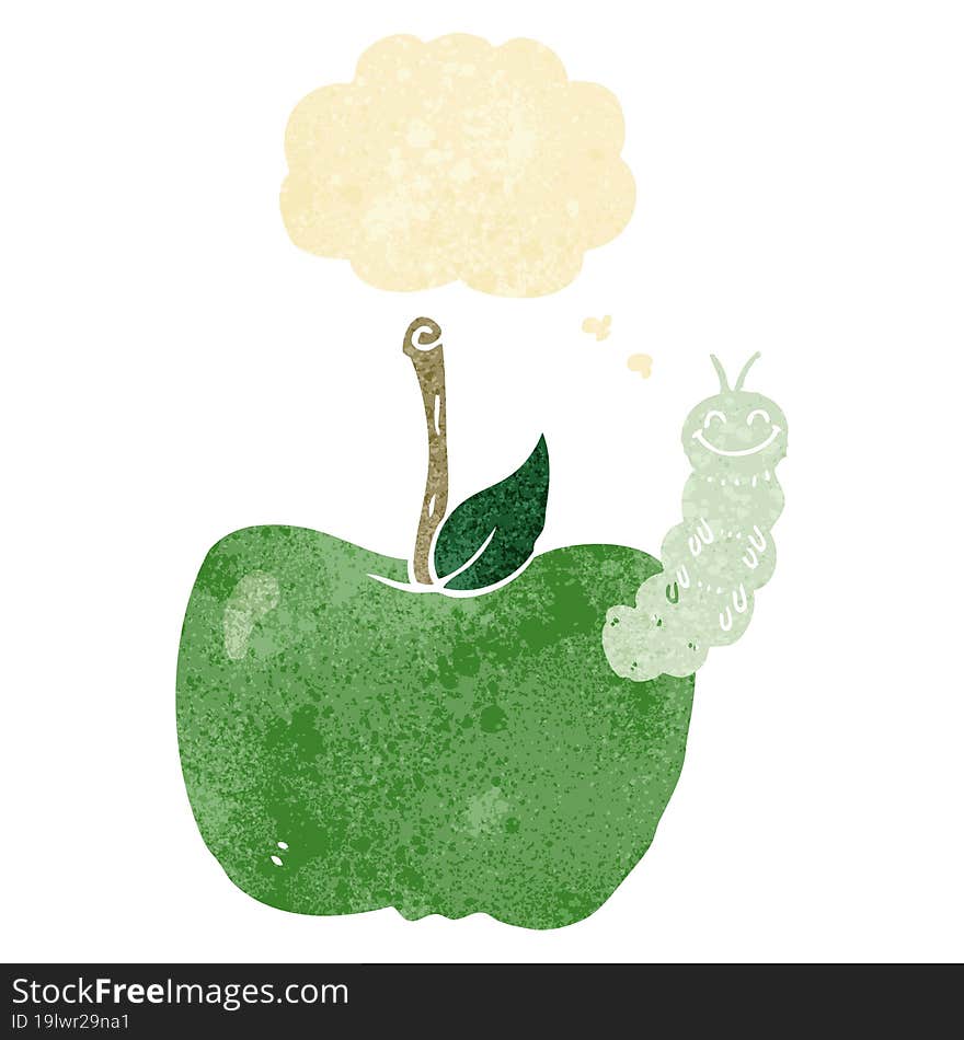 cartoon apple with bug with thought bubble