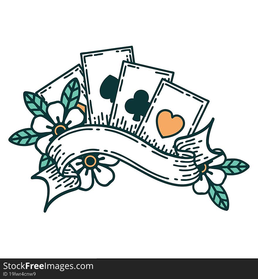 iconic tattoo style image of cards and banner. iconic tattoo style image of cards and banner