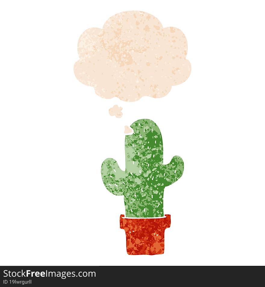 cartoon cactus and thought bubble in retro textured style