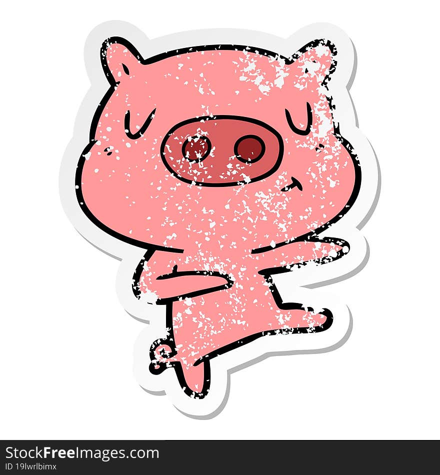 distressed sticker of a cartoon content pig dancing