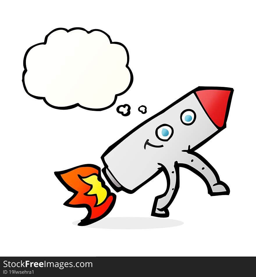 cartoon happy rocket with thought bubble