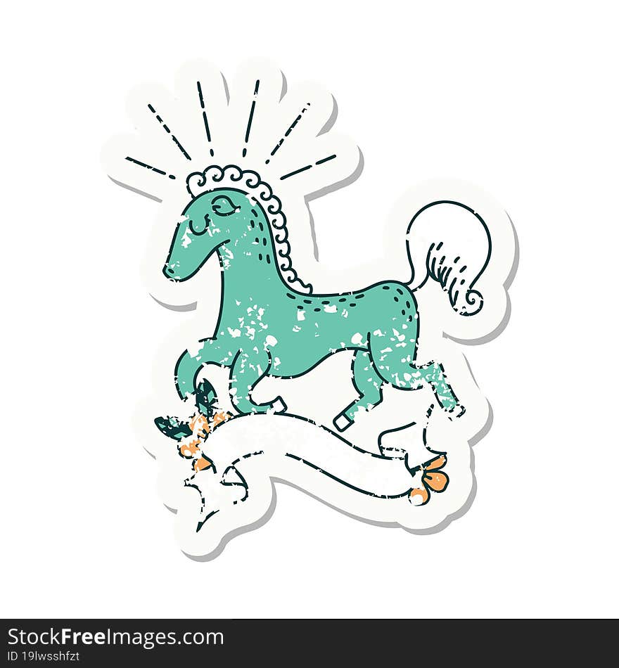 worn old sticker of a tattoo style prancing stallion. worn old sticker of a tattoo style prancing stallion