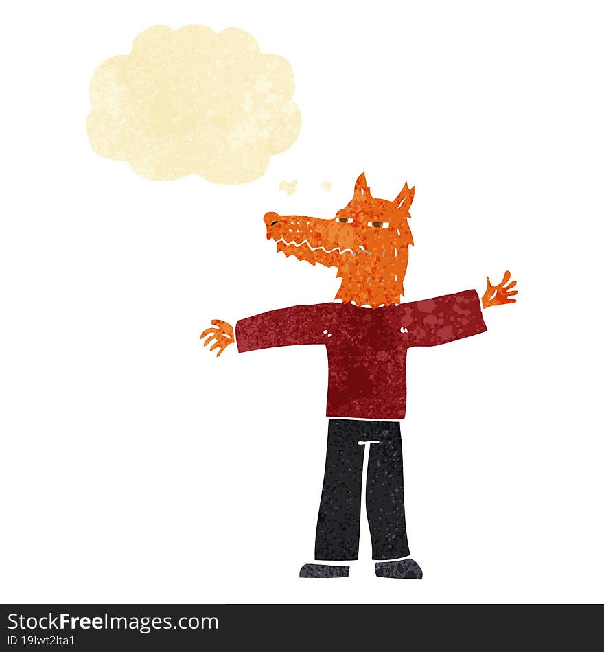 cartoon happy fox man with thought bubble