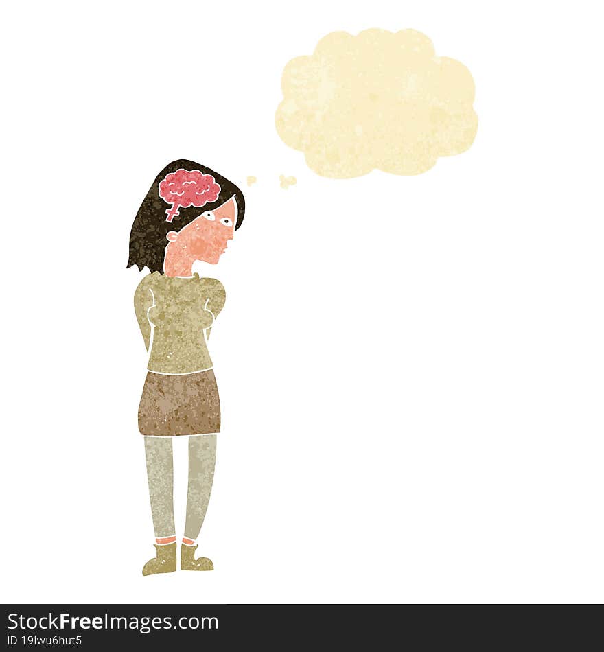 cartoon brainy woman with thought bubble