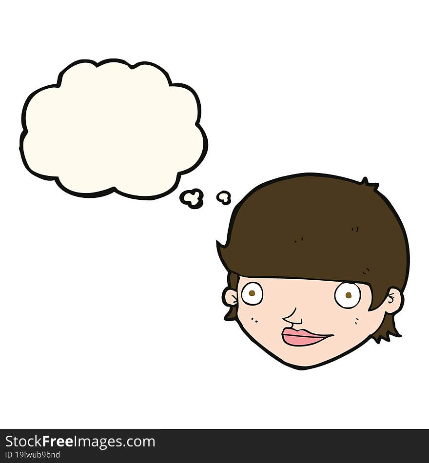 cartoon happy female face with thought bubble