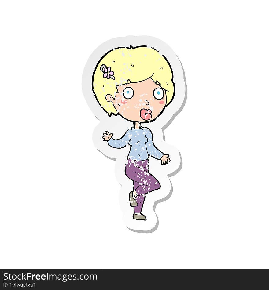 retro distressed sticker of a cartoon suprised woman