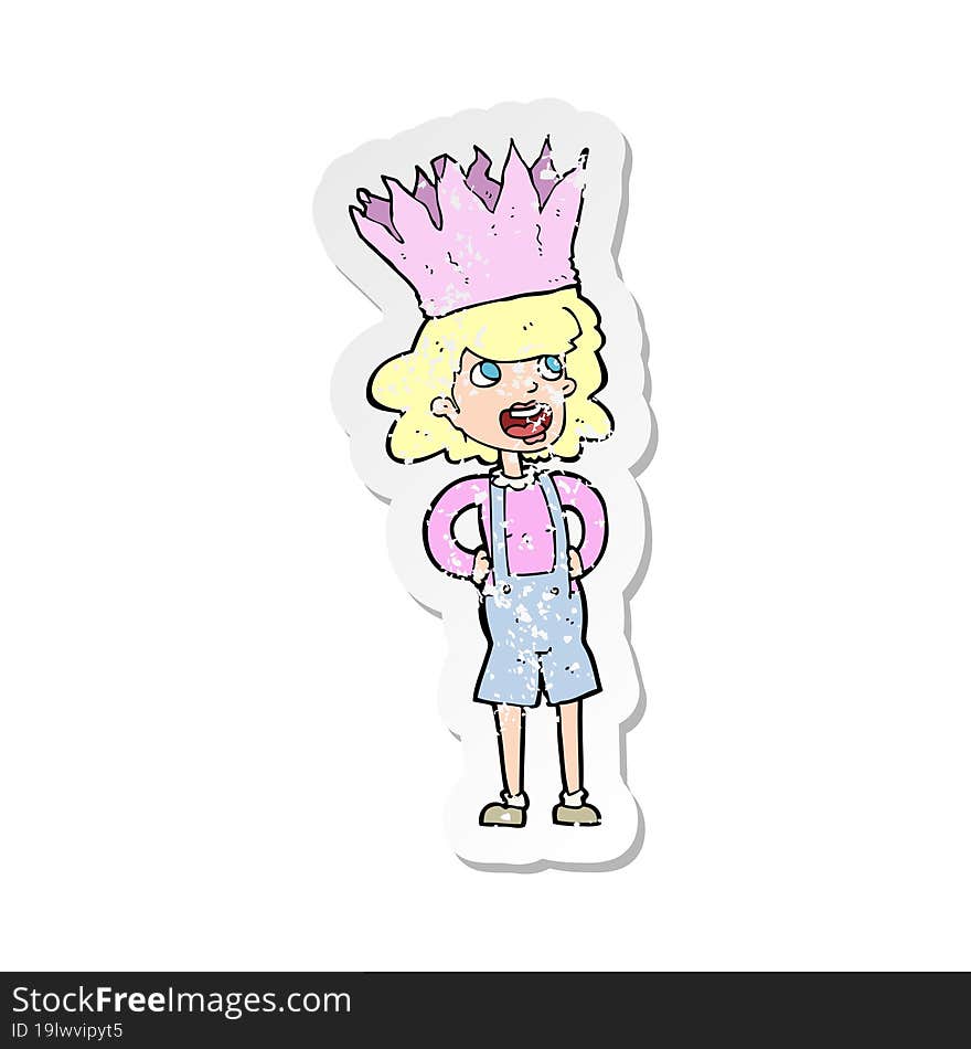 retro distressed sticker of a cartoon person wearing crown