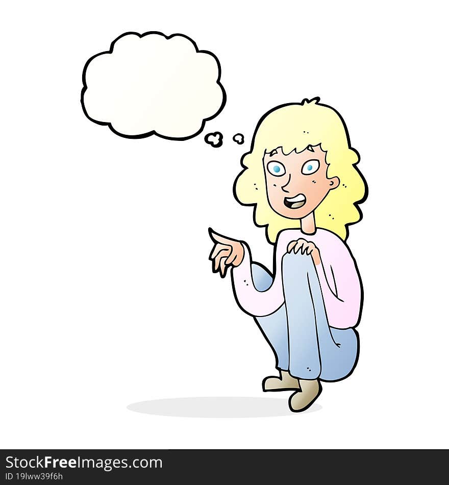 cartoon happy woman sitting and pointing with thought bubble