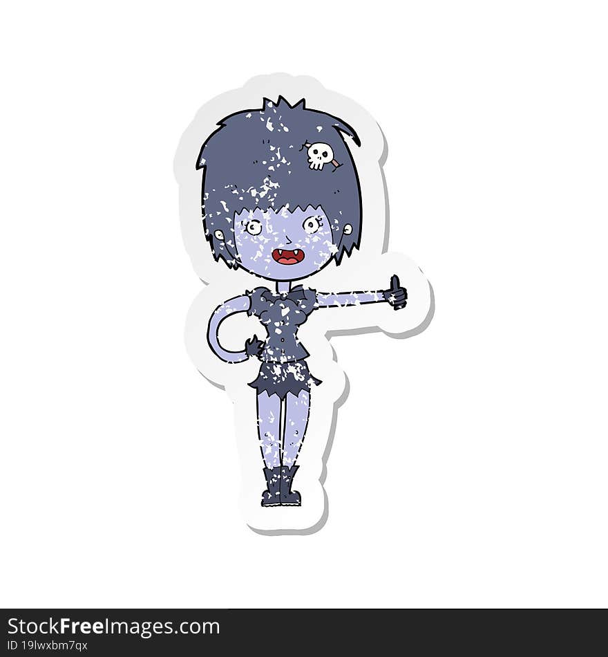 Retro Distressed Sticker Of A Cartoon Vampire Girl Giving Thumbs Up Sign