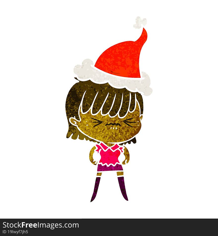 annoyed retro cartoon of a girl wearing santa hat