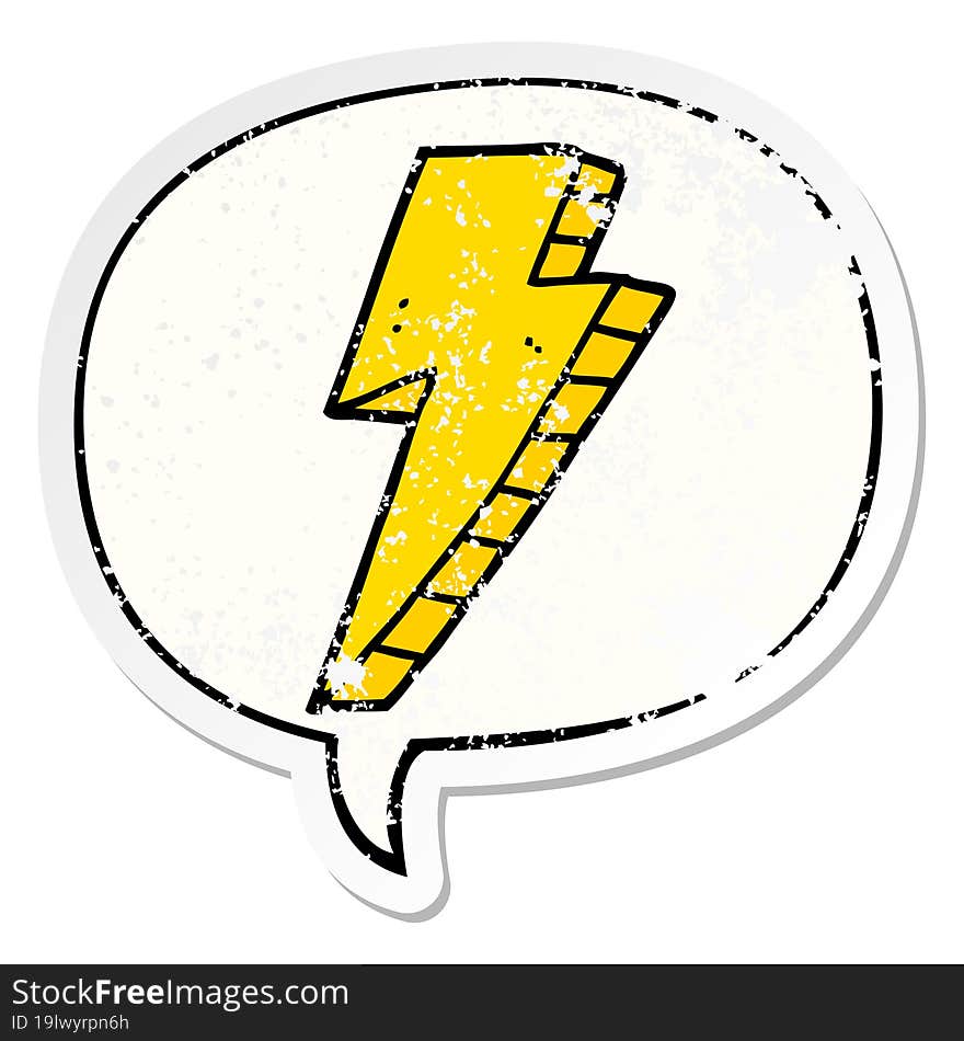 cartoon lightning bolt with speech bubble distressed distressed old sticker. cartoon lightning bolt with speech bubble distressed distressed old sticker