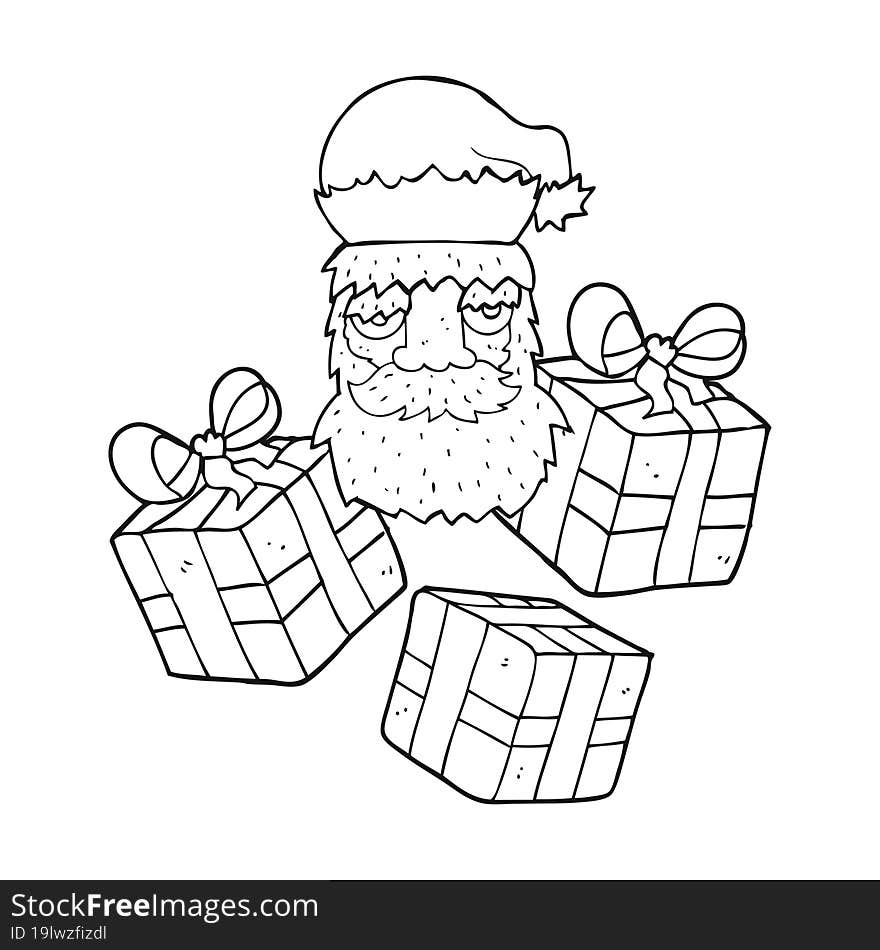 black and white cartoon tired santa claus face with presents