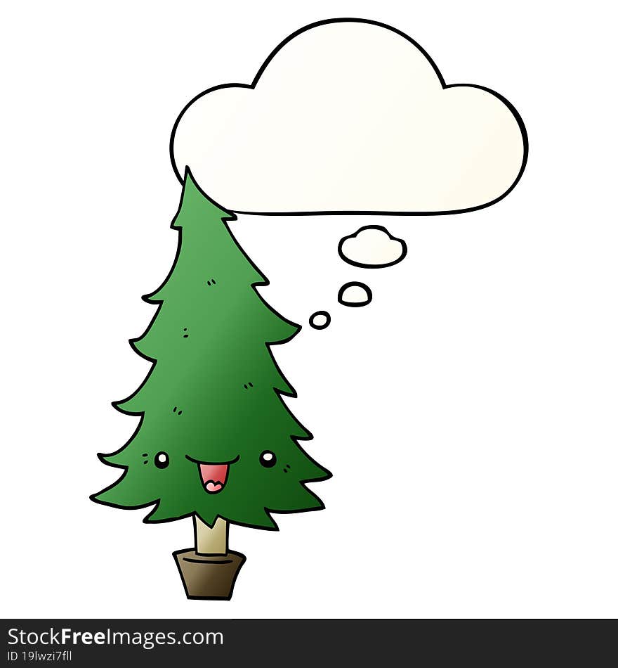 cute cartoon christmas tree with thought bubble in smooth gradient style