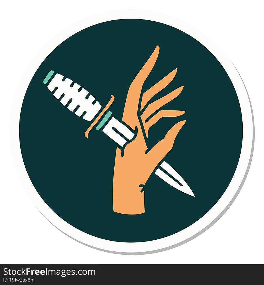 sticker of tattoo in traditional style of a dagger in the hand. sticker of tattoo in traditional style of a dagger in the hand