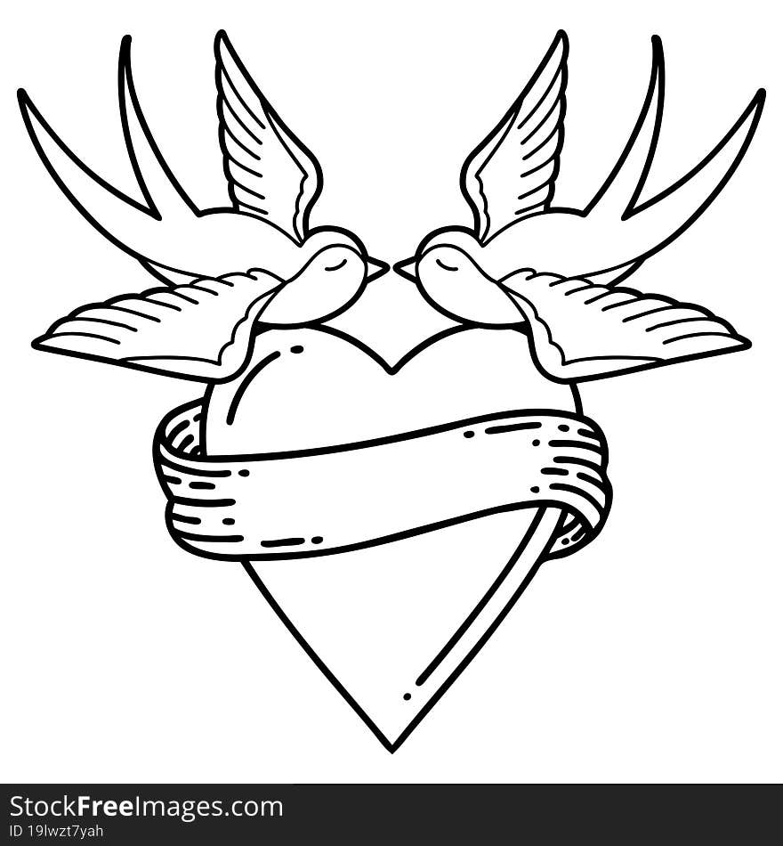 tattoo in black line style of swallows and a heart with banner. tattoo in black line style of swallows and a heart with banner