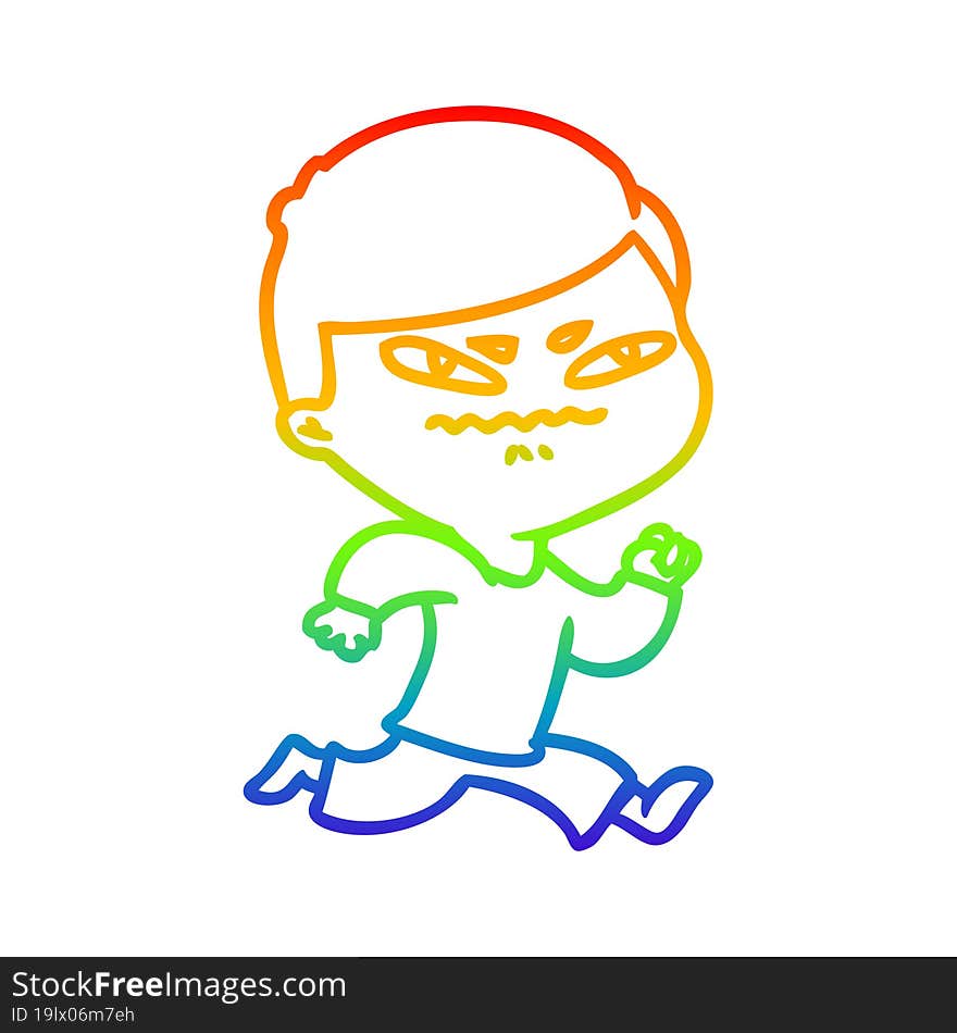 rainbow gradient line drawing of a cartoon angry man