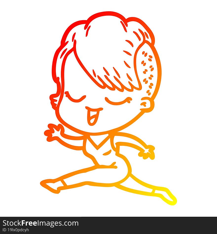 warm gradient line drawing happy cartoon girl running