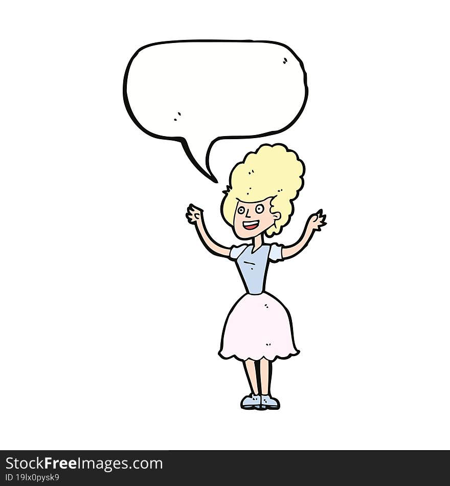 cartoon happy 1950 s woman with speech bubble