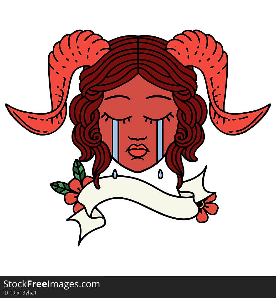 crying tiefling character face with scroll banner illustration