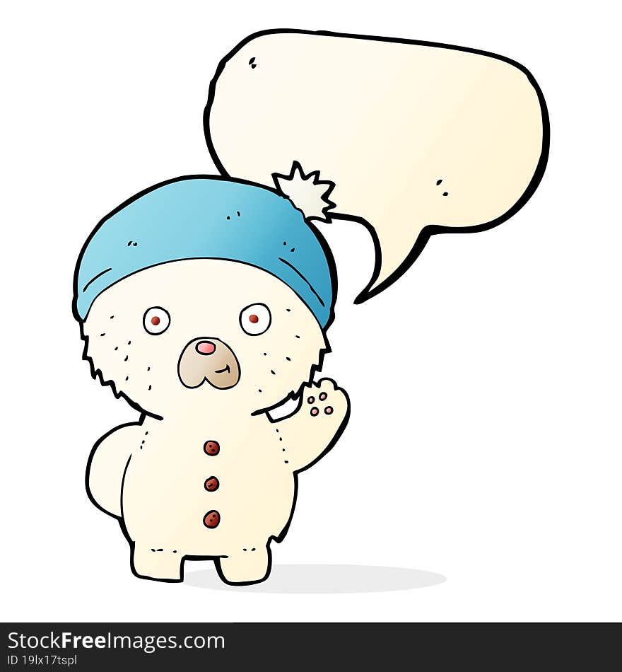 cartoon waving polar teddy bear in winter hat with speech bubble