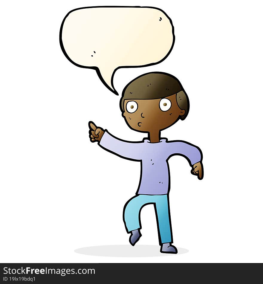 cartoon boy pointing with speech bubble