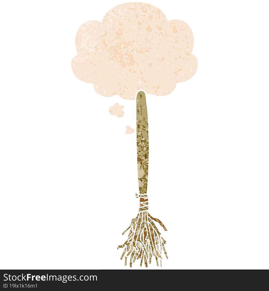 cartoon magic broom with thought bubble in grunge distressed retro textured style. cartoon magic broom with thought bubble in grunge distressed retro textured style