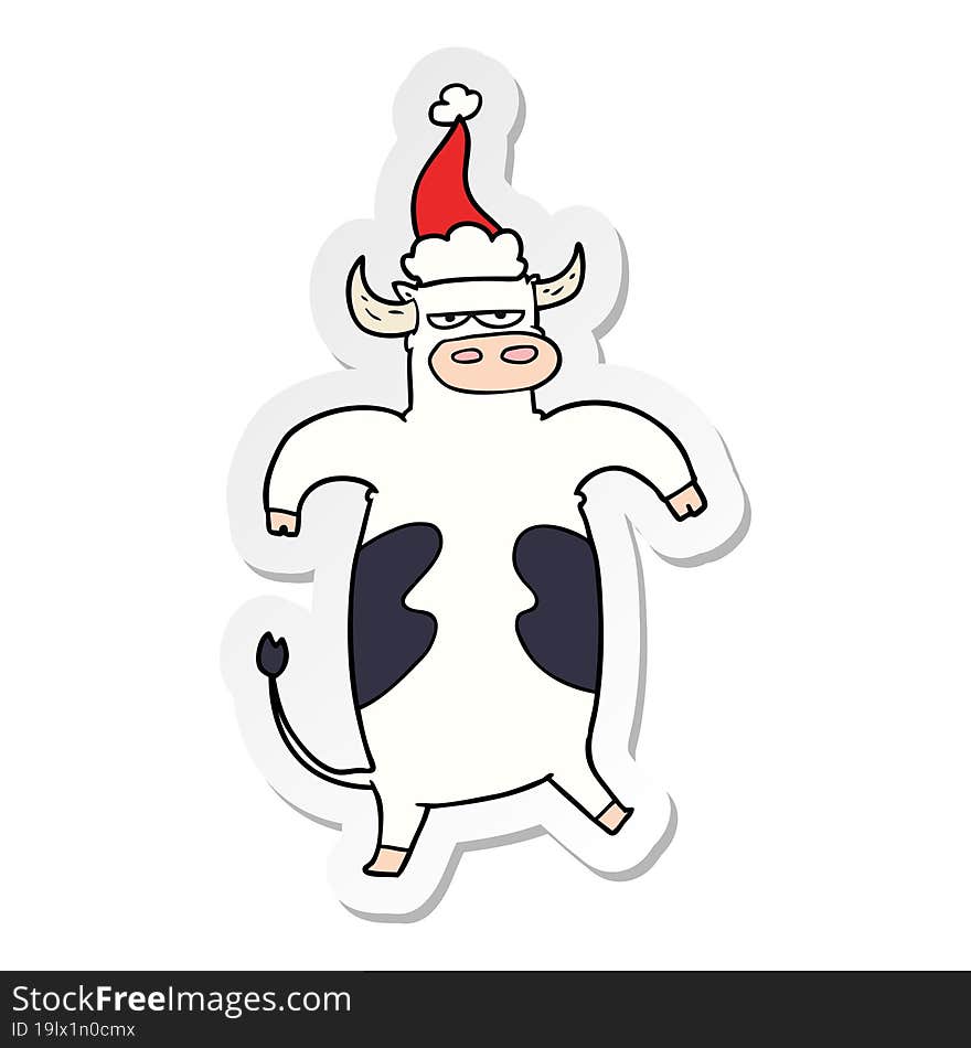 hand drawn sticker cartoon of a bull wearing santa hat