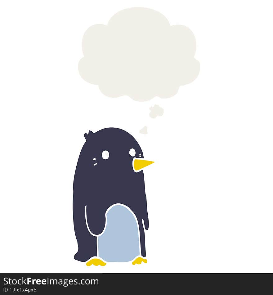 cartoon penguin and thought bubble in retro style