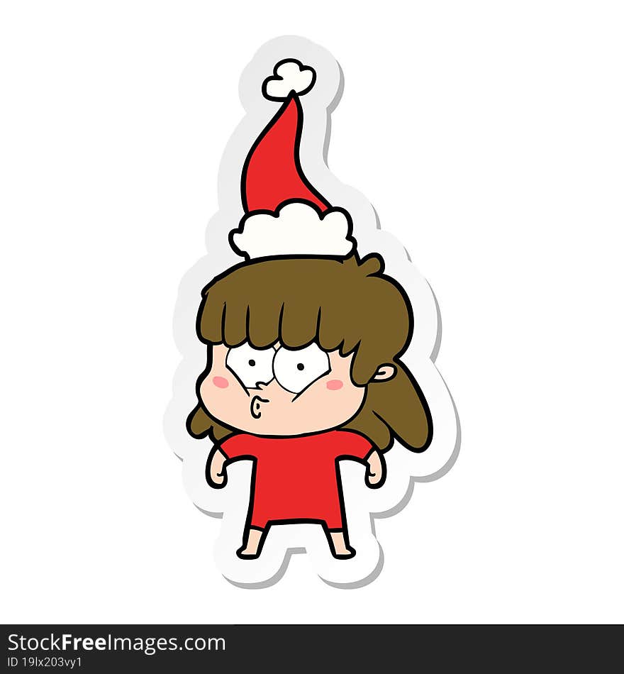 sticker cartoon of a whistling girl wearing santa hat