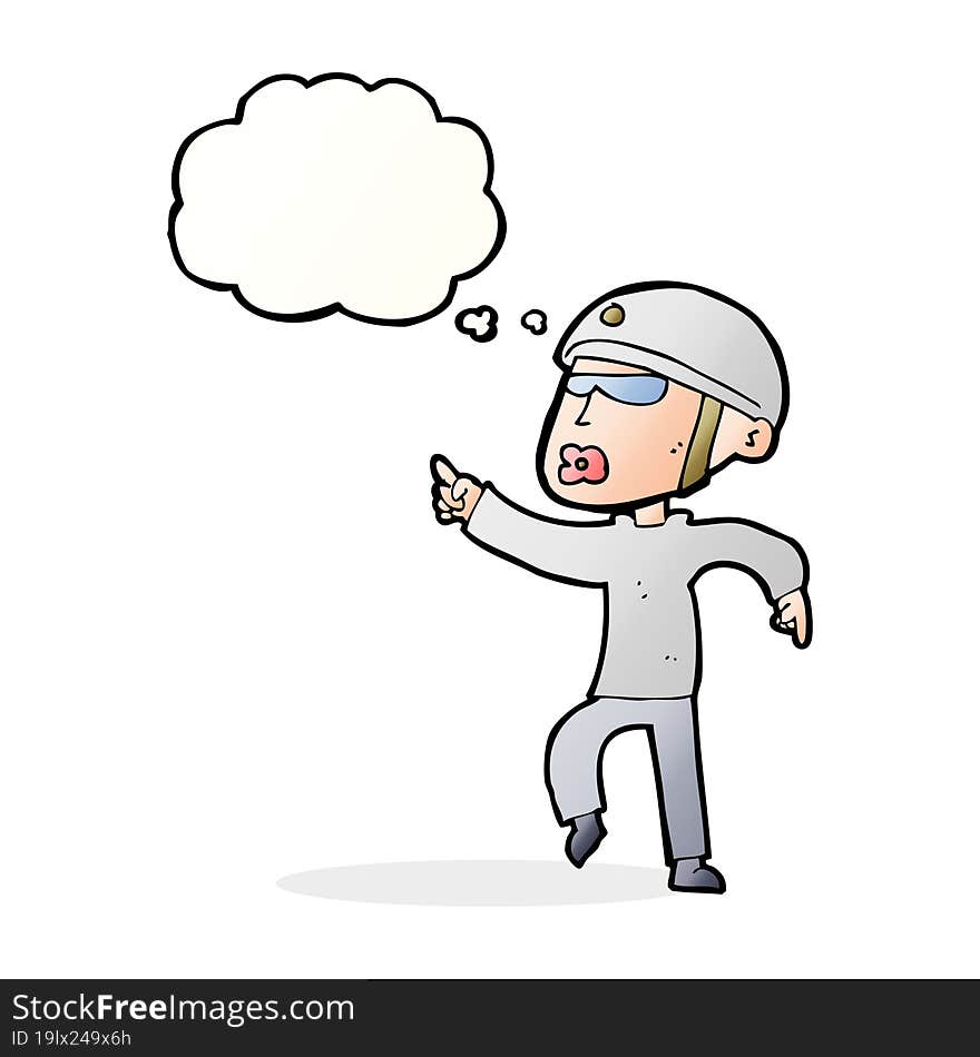 cartoon man in bike helmet pointing with thought bubble