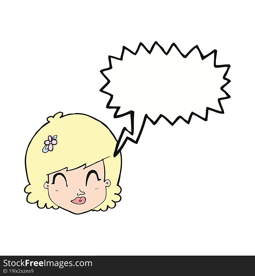 cartoon happy female face with speech bubble