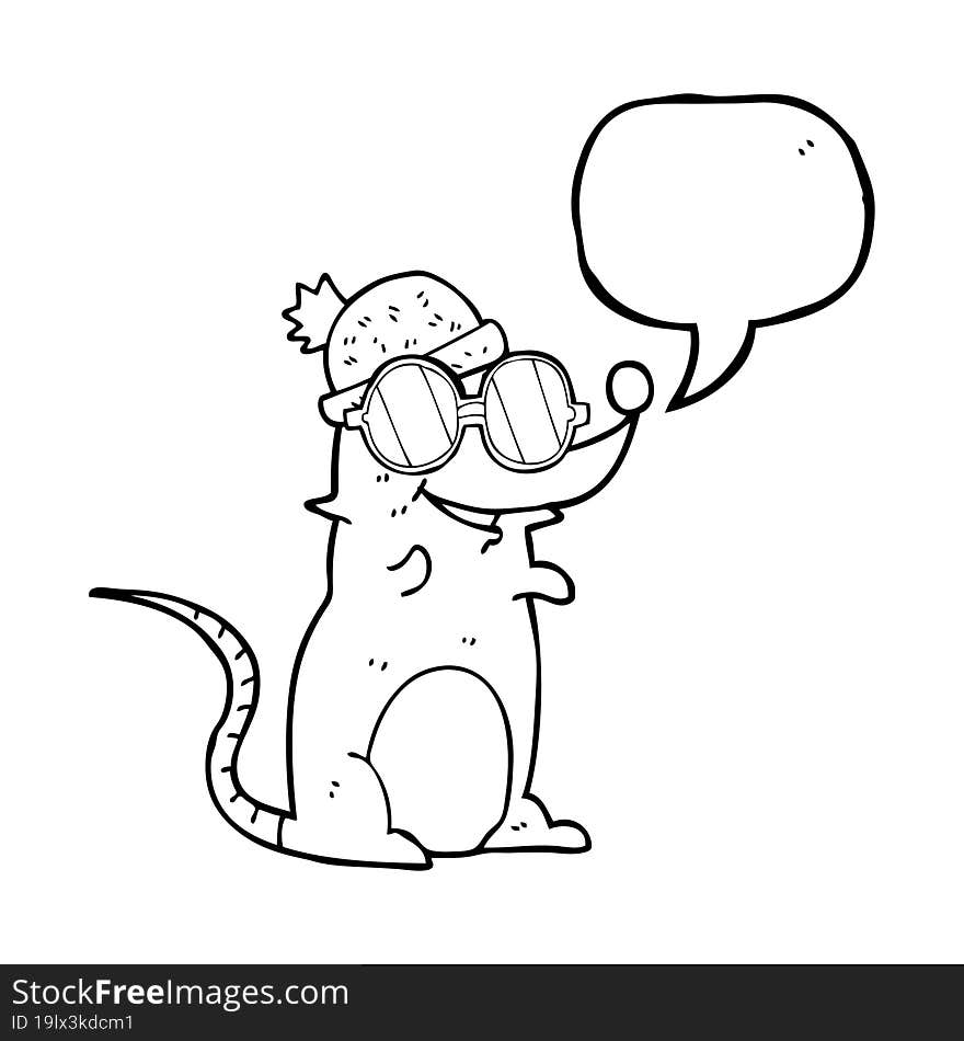 speech bubble cartoon mouse wearing glasses and hat