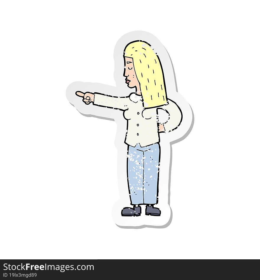 retro distressed sticker of a cartoon woman pointing