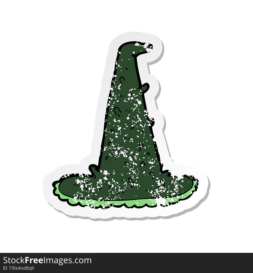 retro distressed sticker of a cartoon spooky witch hat