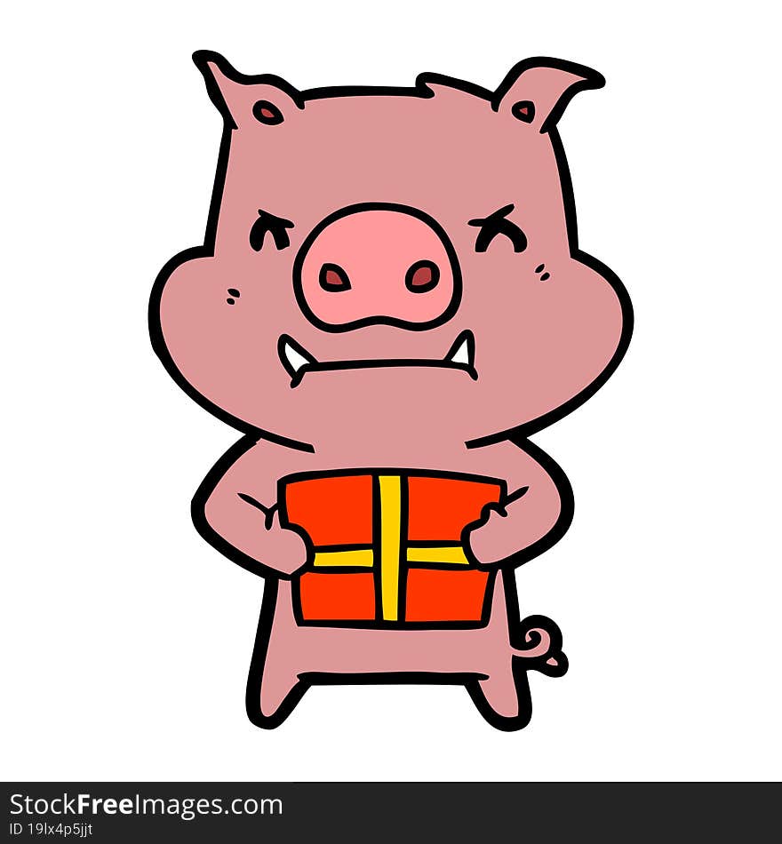 angry cartoon pig with christmas gift. angry cartoon pig with christmas gift