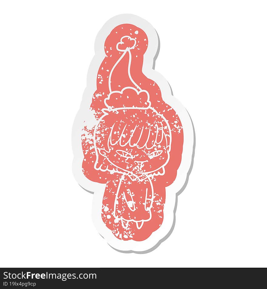 quirky cartoon distressed sticker of a woman wearing santa hat