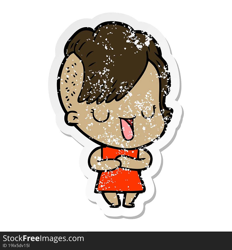 Distressed Sticker Of A Cute Cartoon Girl With Hipster Haircut